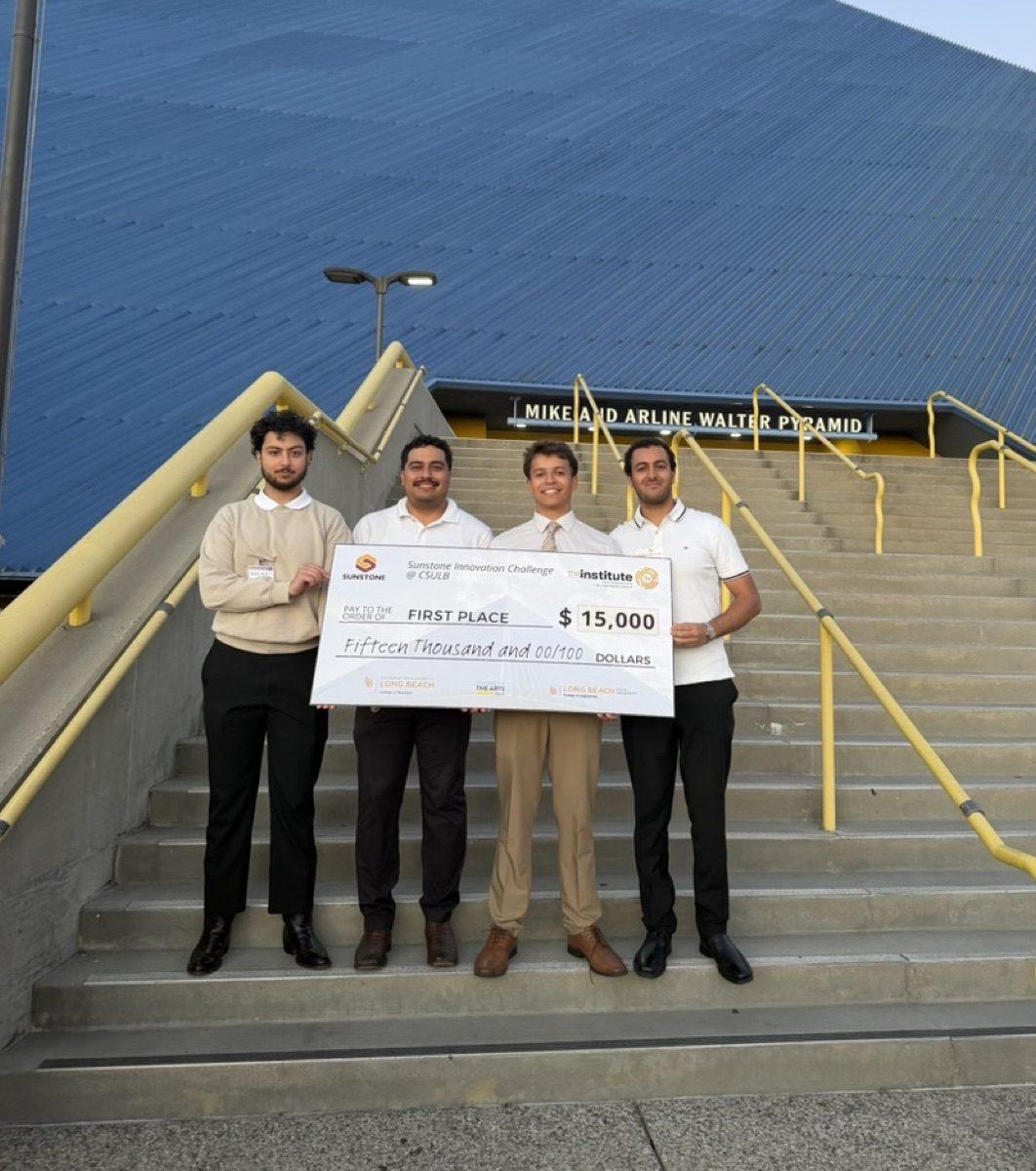 The Aurascan team holding the $15,000 first-place check from the Sunstone Innovation Challenge at CSULB
