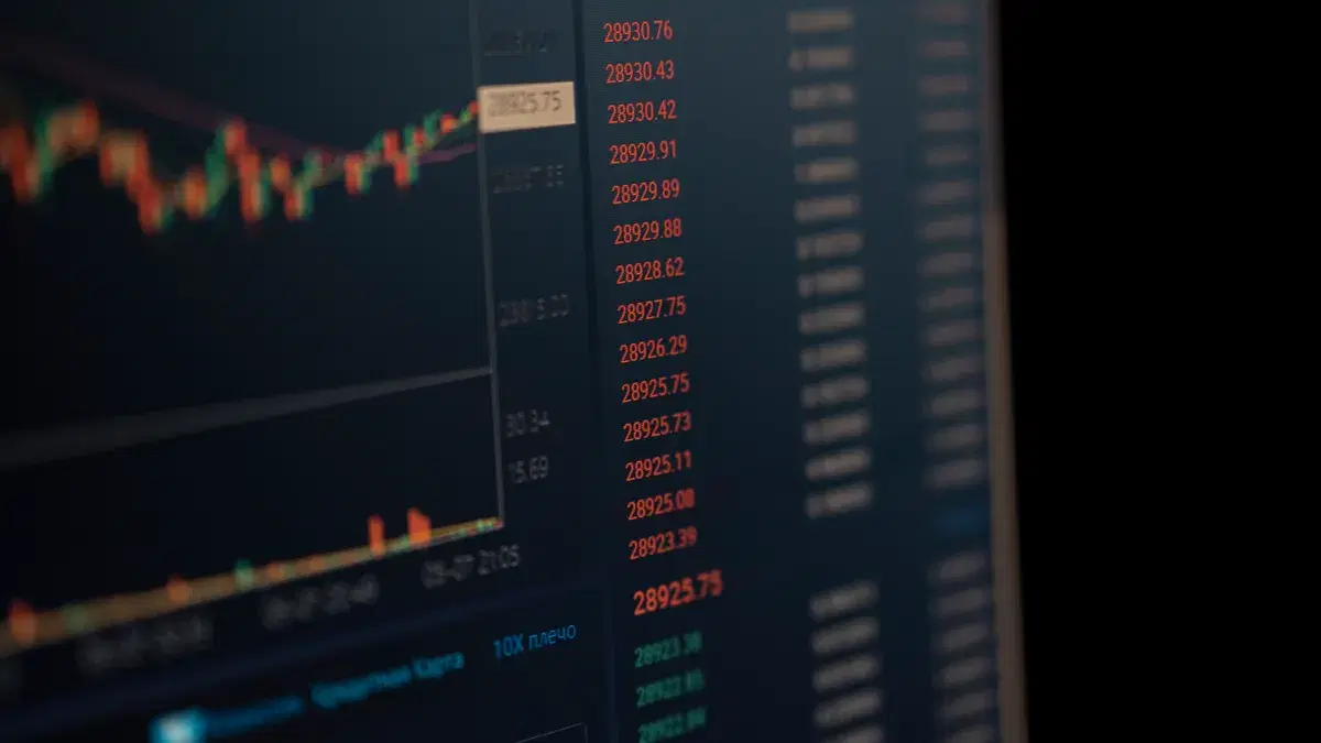 Close-up of a computer screen showing dynamic financial market data and charts, indicating real-time trading updates.
