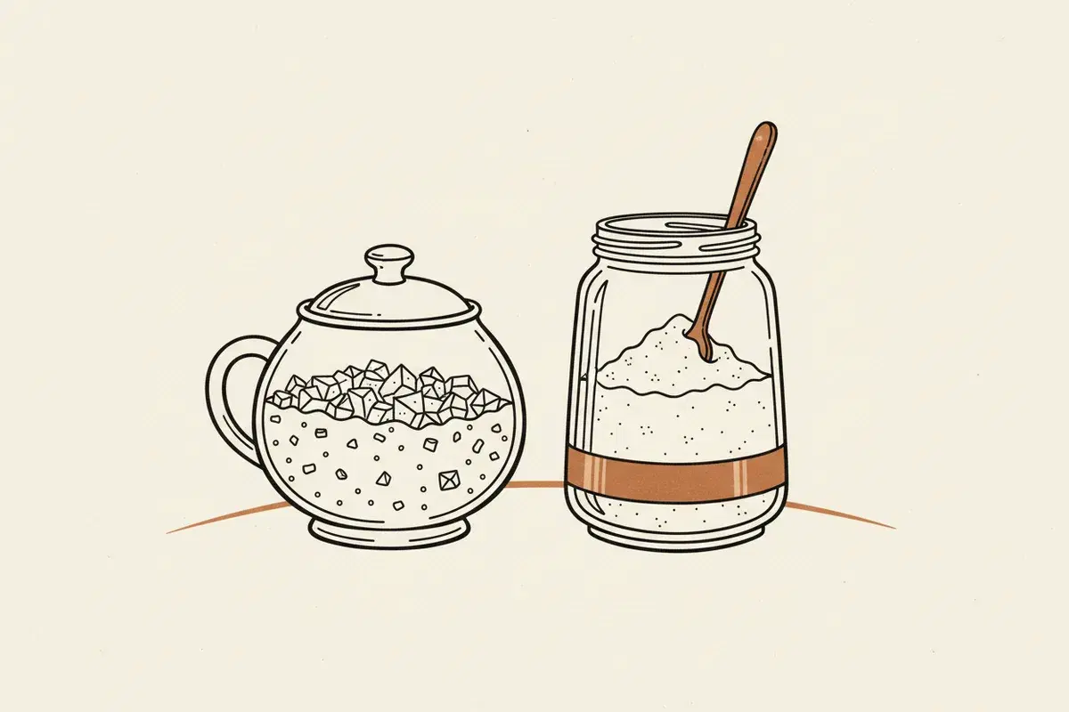 Illustration of Two sugar bowls, one filled with white crystals, the other with fine powder