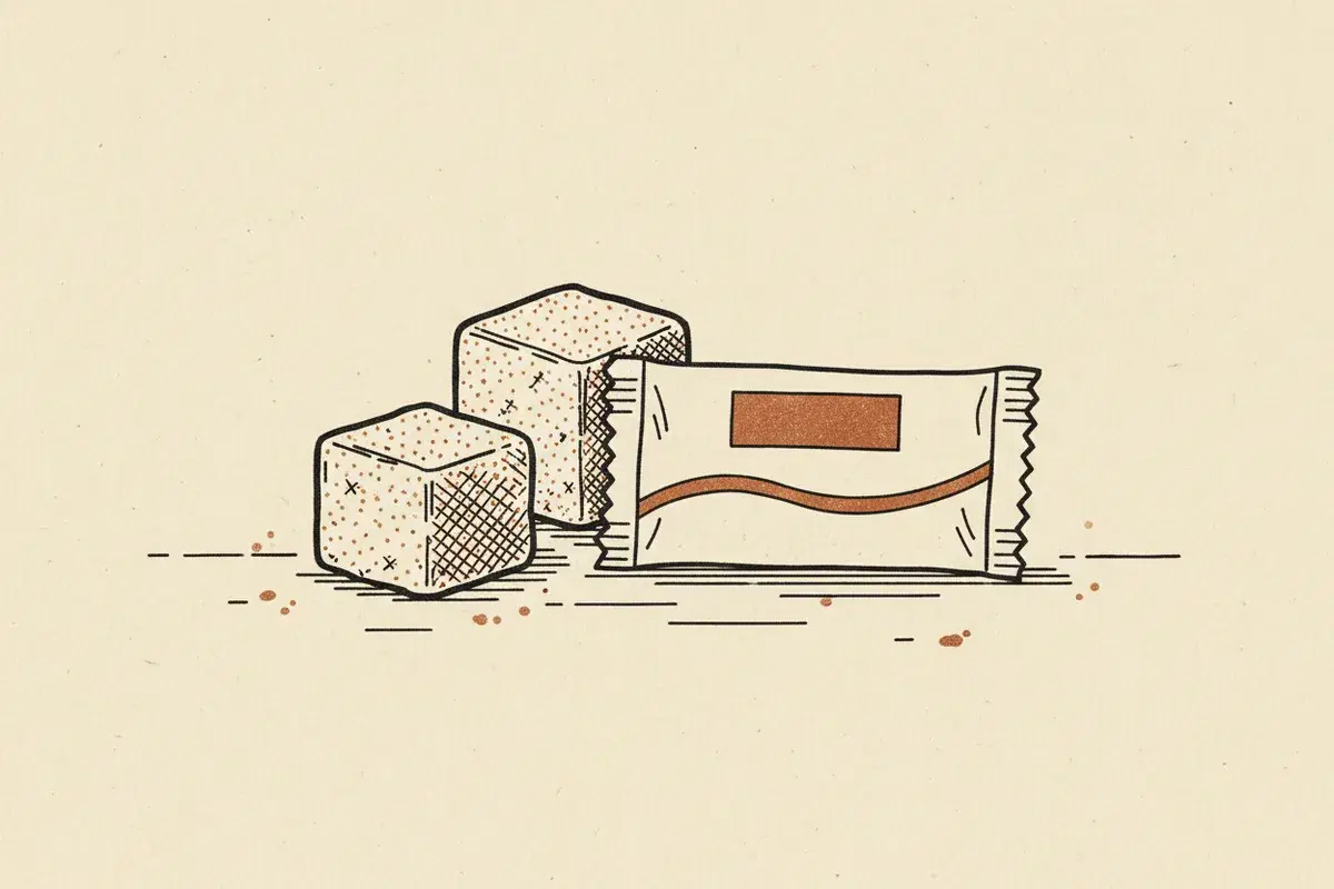 Illustration of Two sugar cubes and a sweetener packet on a kitchen counter