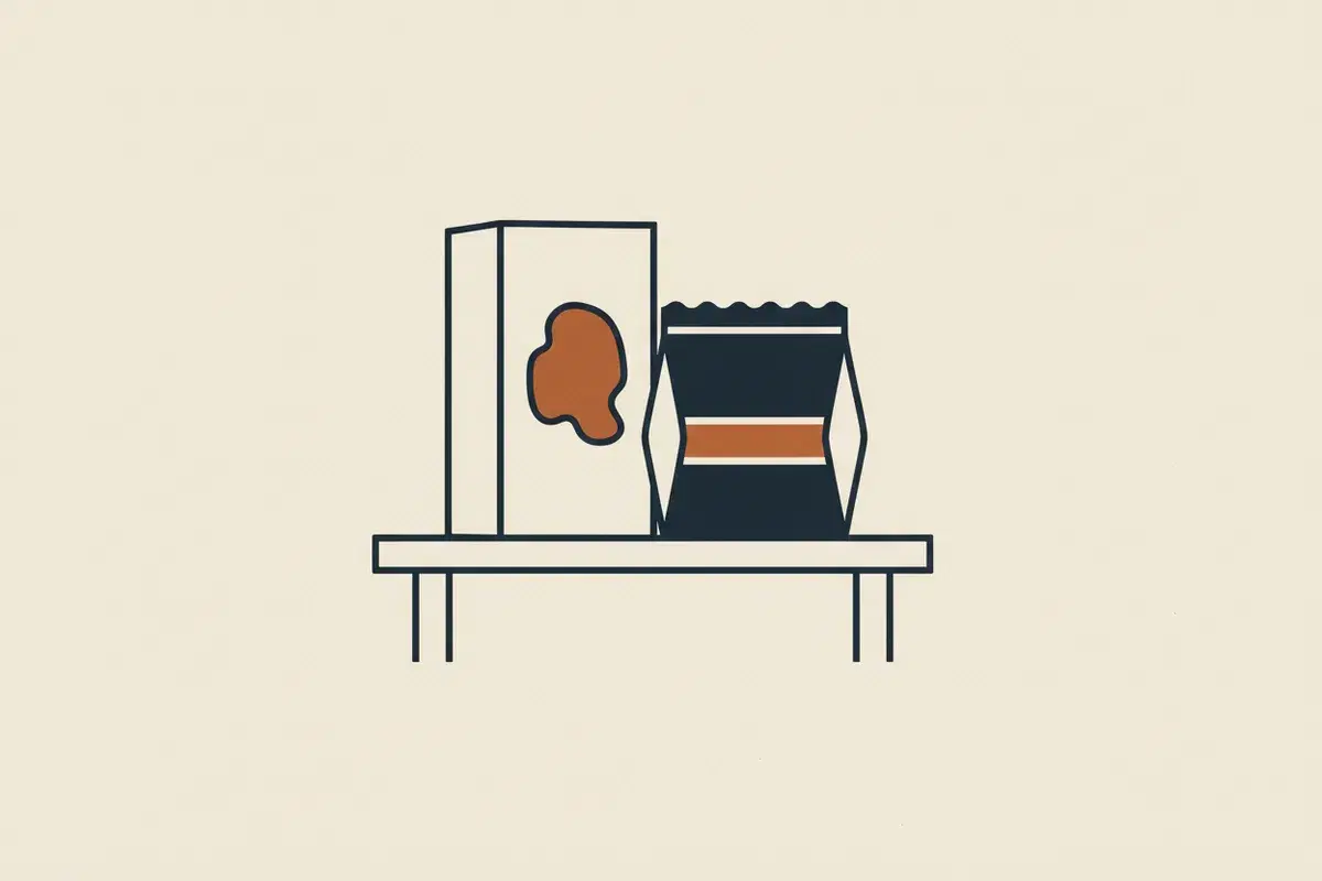 Illustration of two food packages side by side on a table, one lighter and one darker