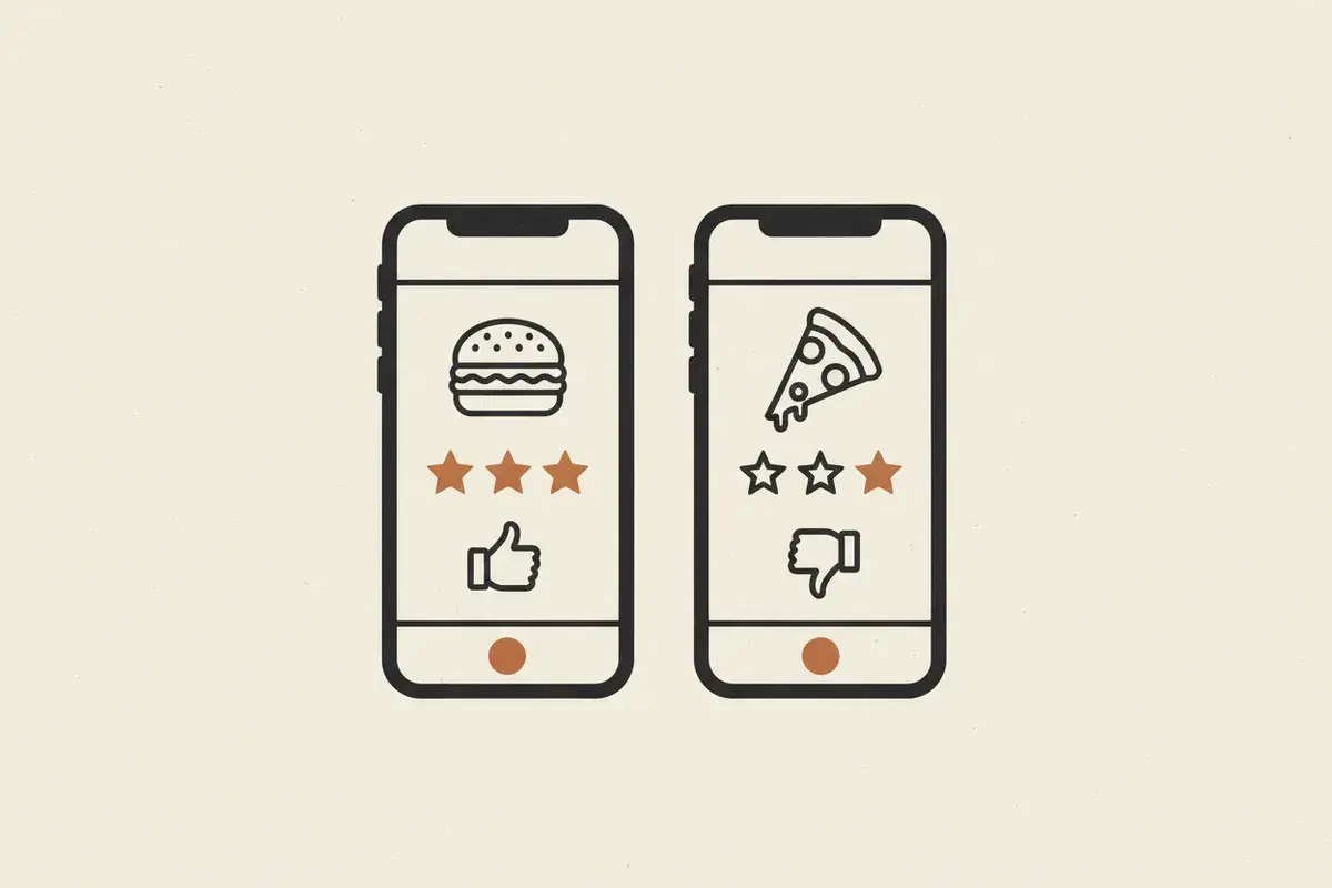 Illustration of two smartphones displaying different food rating apps