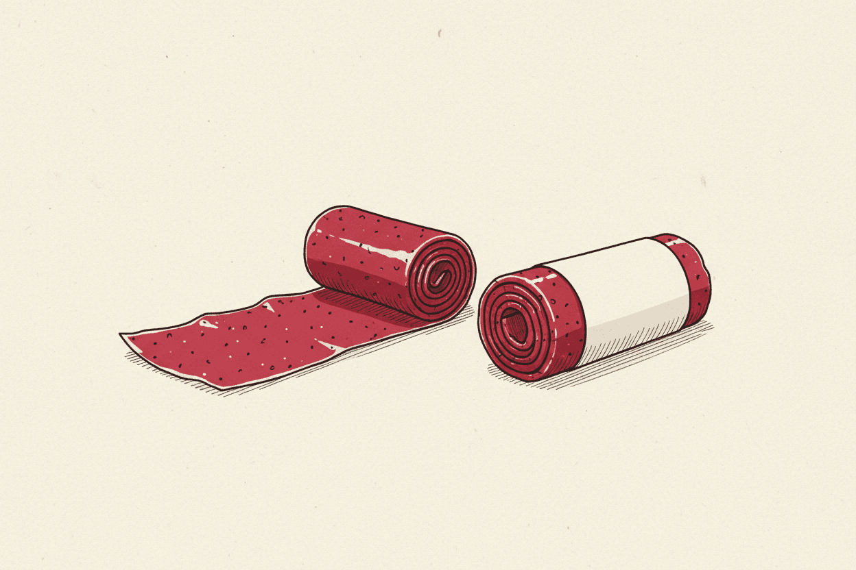 Illustration of two rolls of glossy fruit leather, one partly unrolled, on a table