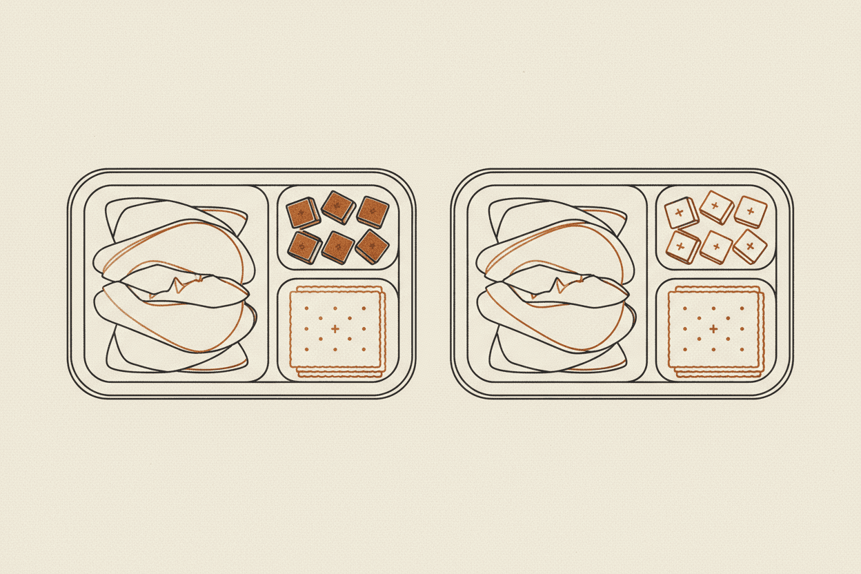 Illustration of two open lunch kit trays holding turkey slices, cheddar cubes and crackers