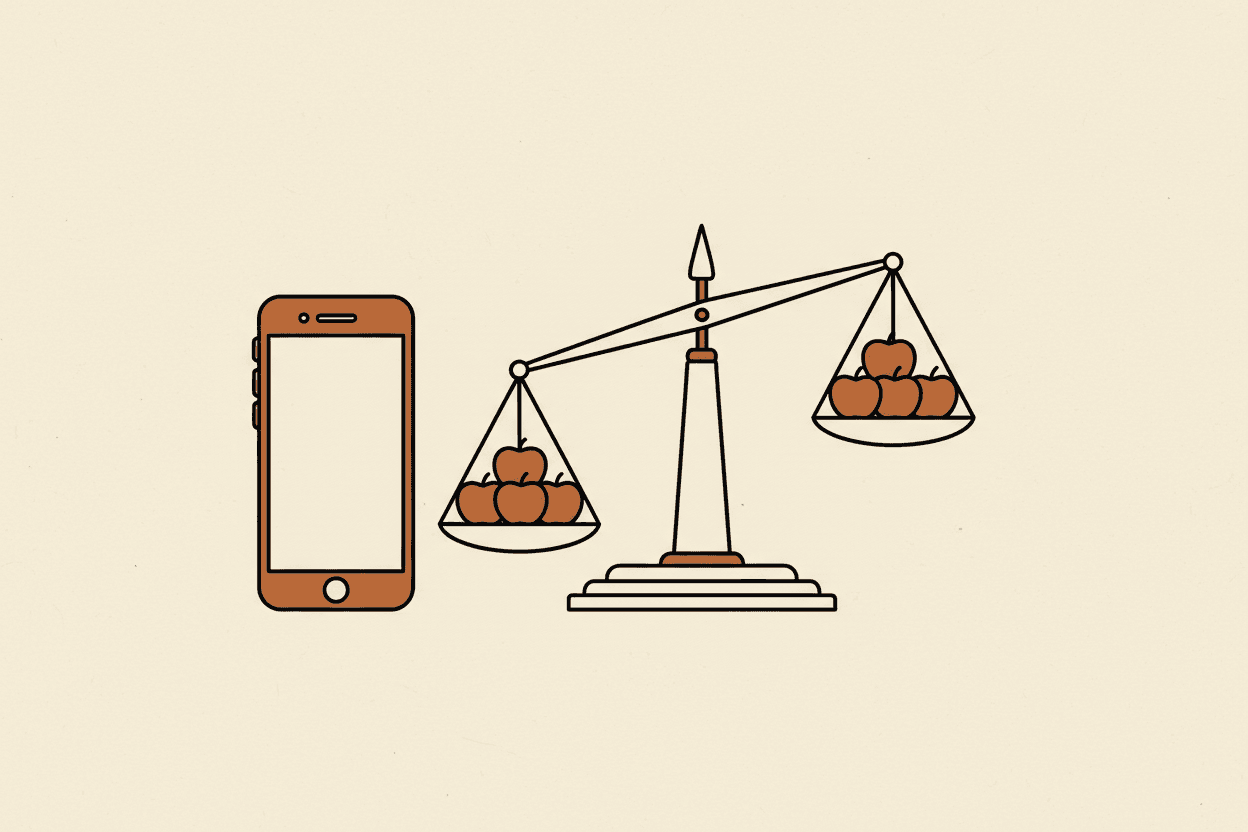 Illustration of a smartphone beside a balance scale with apples on each pan