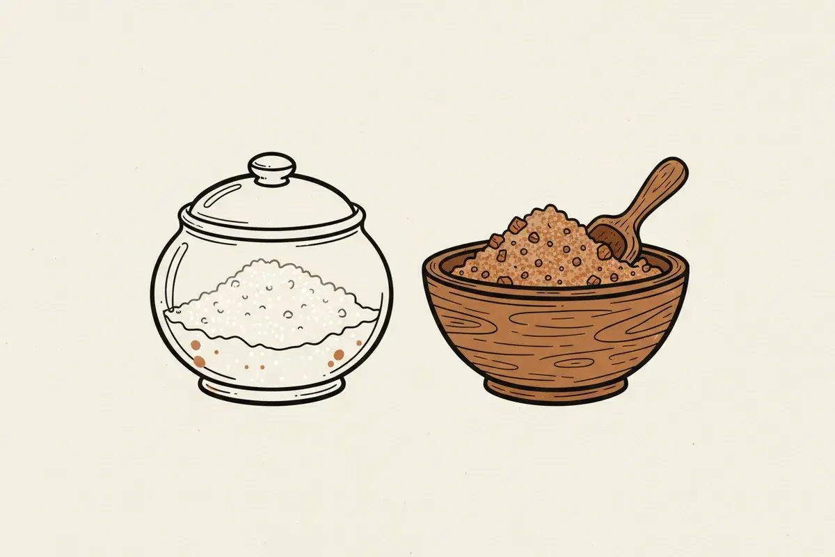 Illustration of Two different types of sugar bowls, one with white granules and one with brown granules