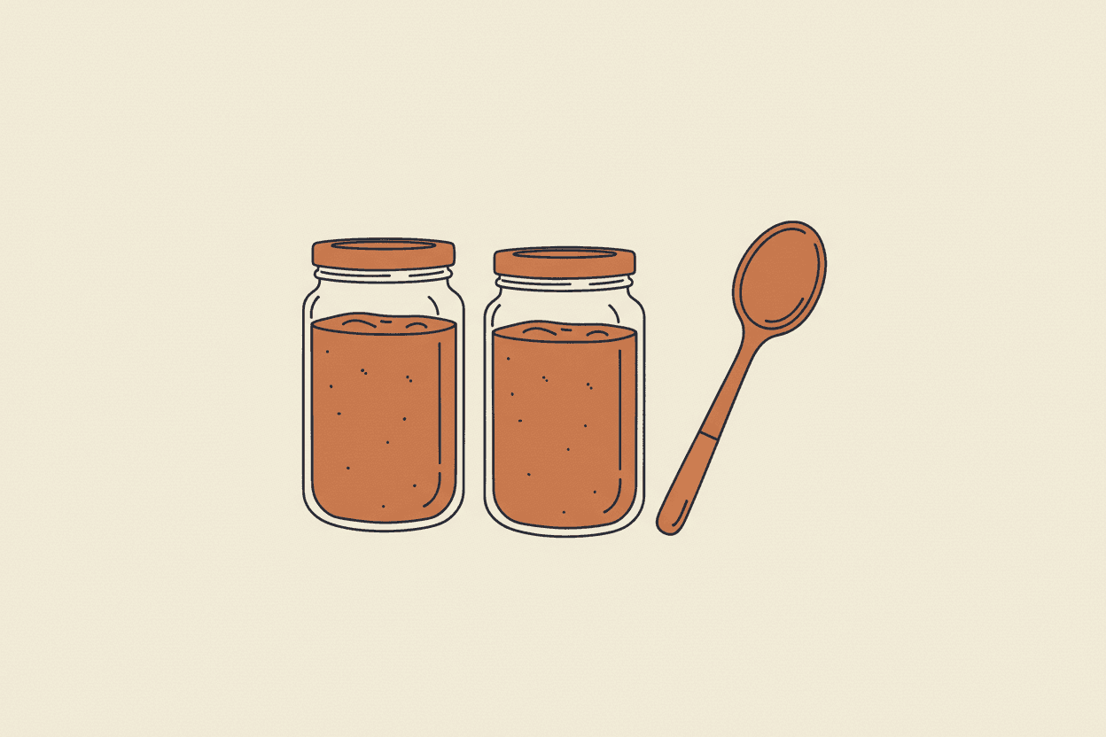 Illustration of two plain glass jars of tomato sauce beside a wooden spoon