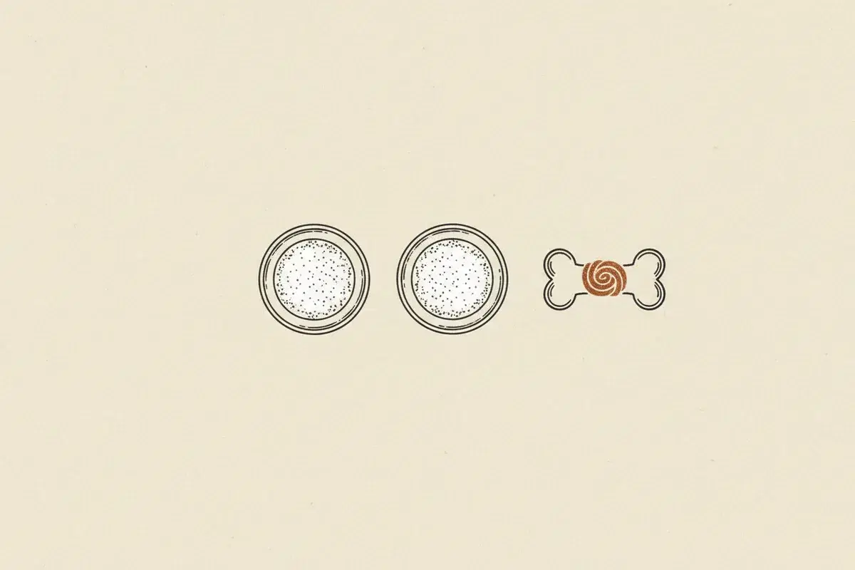 Illustration of Two small bowls of white granular sweetener next to a dog toy