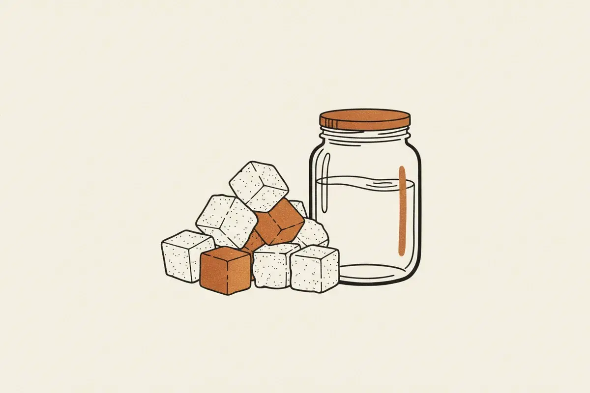 Illustration of a pile of sugar cubes and a glass jar filled with a clear liquid