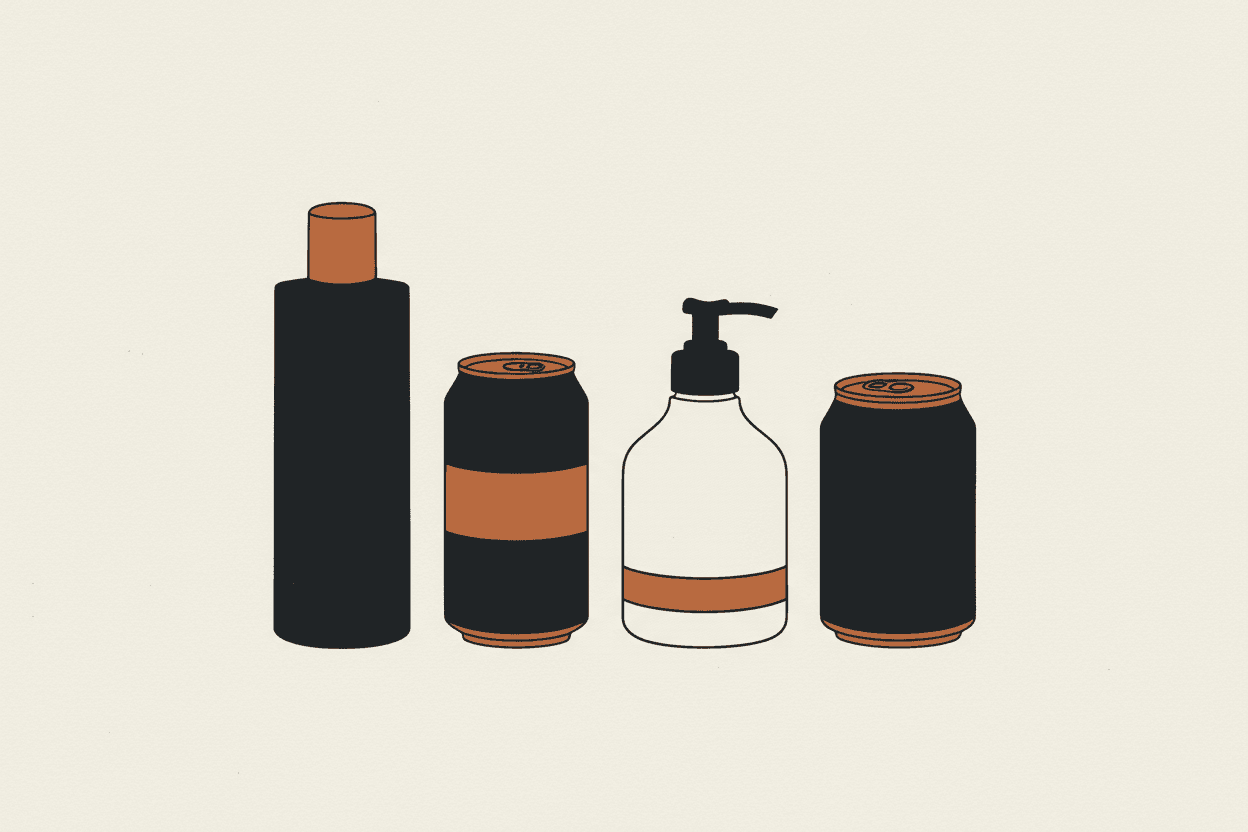 Illustration of four plastic bottles and cans arranged on a white surface