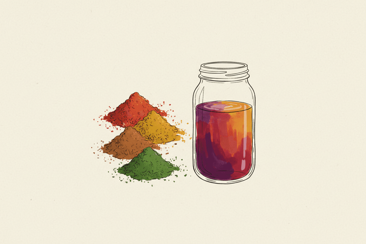 Illustration of a pile of colorful spices and a glass jar of fruit juice
