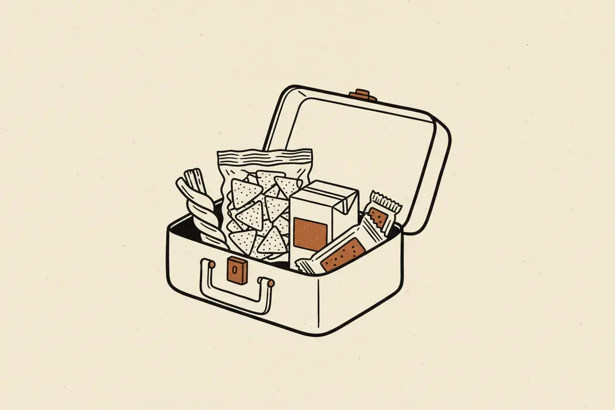 Illustration of a school lunchbox with string cheese, a juice box, pita chips, and fig bars