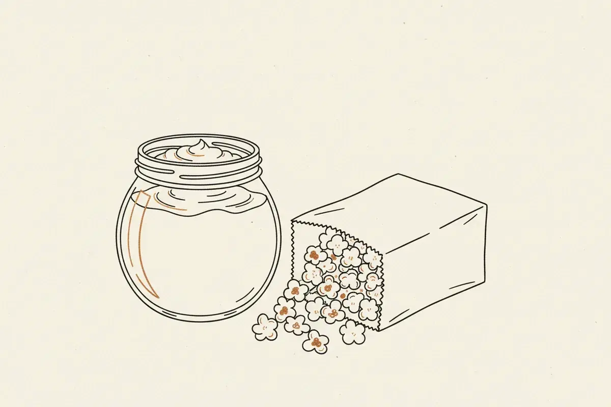 Illustration of a clear glass jar of thick yogurt next to a bag of popcorn
