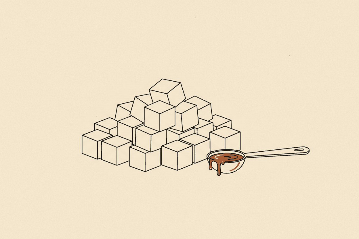 Illustration of a heap of sugar cubes beside a small metal measuring spoon