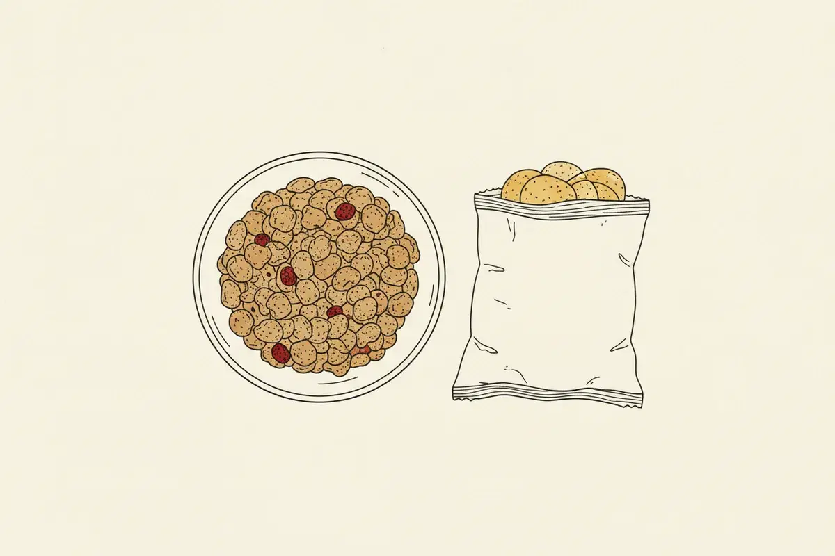 Illustration of a bowl of crunchy cereal next to a bag of potato chips