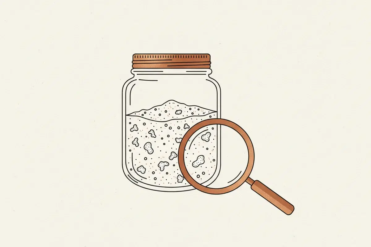 Illustration of A clear glass jar filled with a white powdery substance next to a magnifying glass