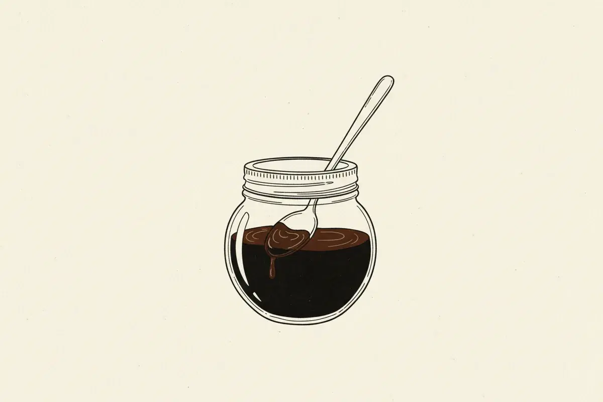 Illustration of a glass jar filled with dark brown liquid and a spoon