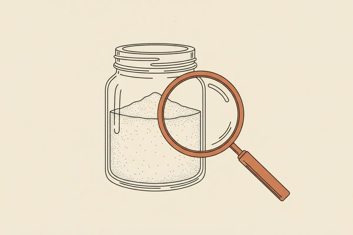 Illustration of A clear glass jar filled with a white powdery substance next to a magnifying glass