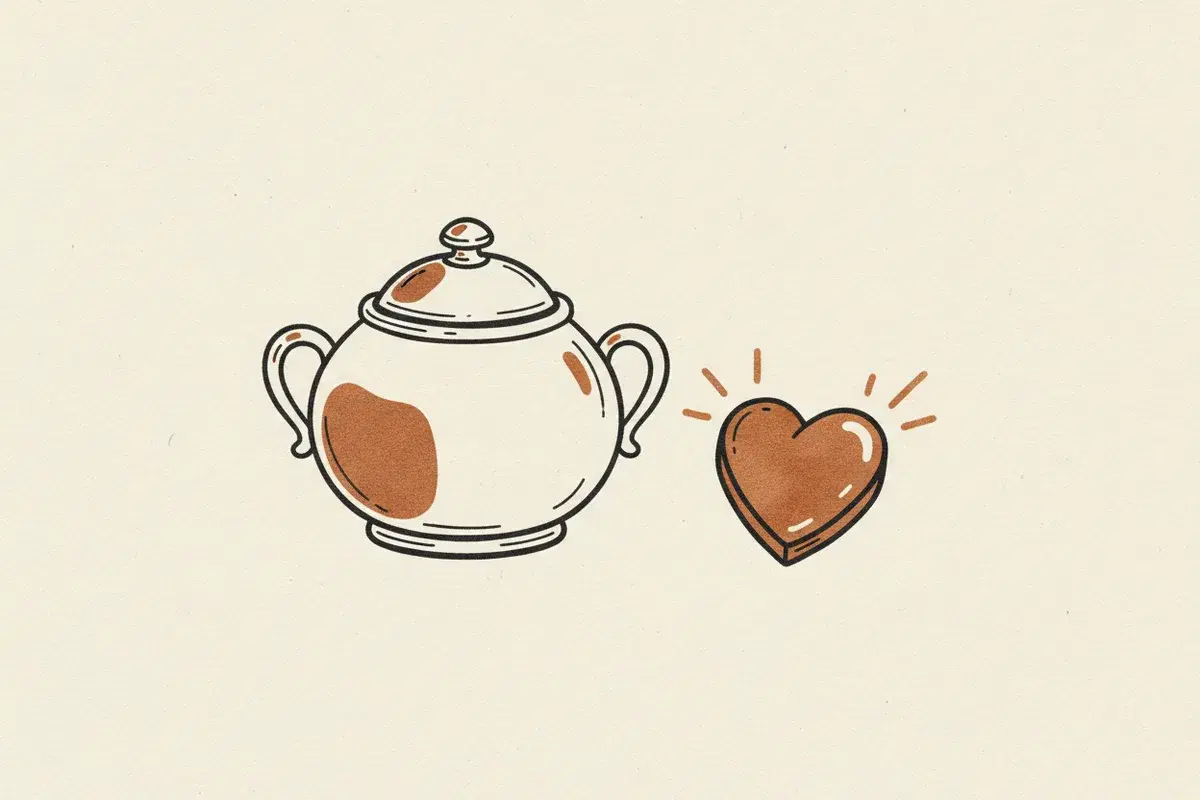 Illustration of a sugar bowl next to a heart-shaped candy