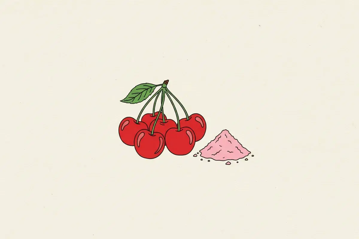 Illustration of a cluster of bright red cherries and a small pile of pink powder