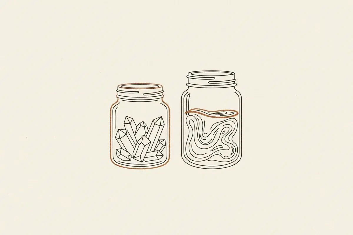 Illustration of A glass jar filled with white crystals next to a clear jar of viscous liquid