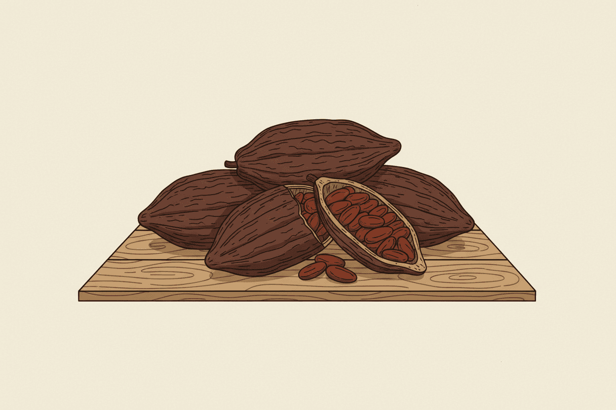Illustration of a cluster of dried, dark brown pods on a wooden surface