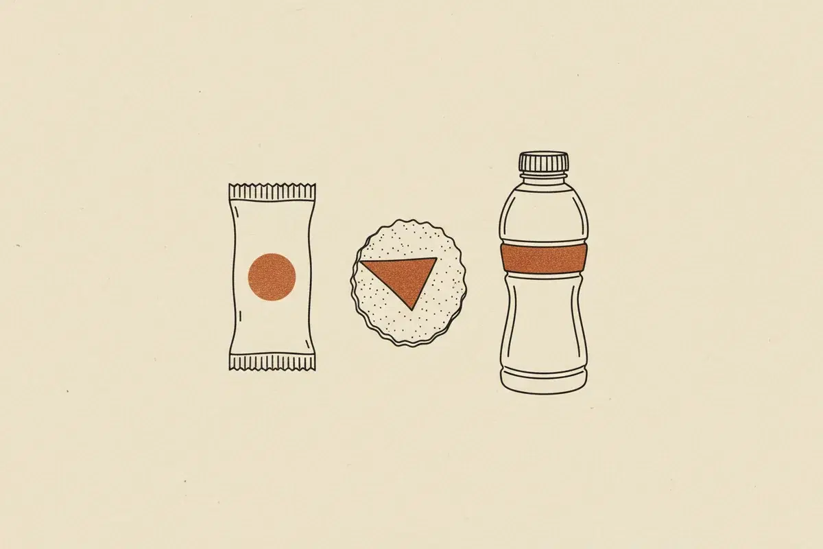 Illustration of a sugar packet, a potato chip, and a sports drink bottle