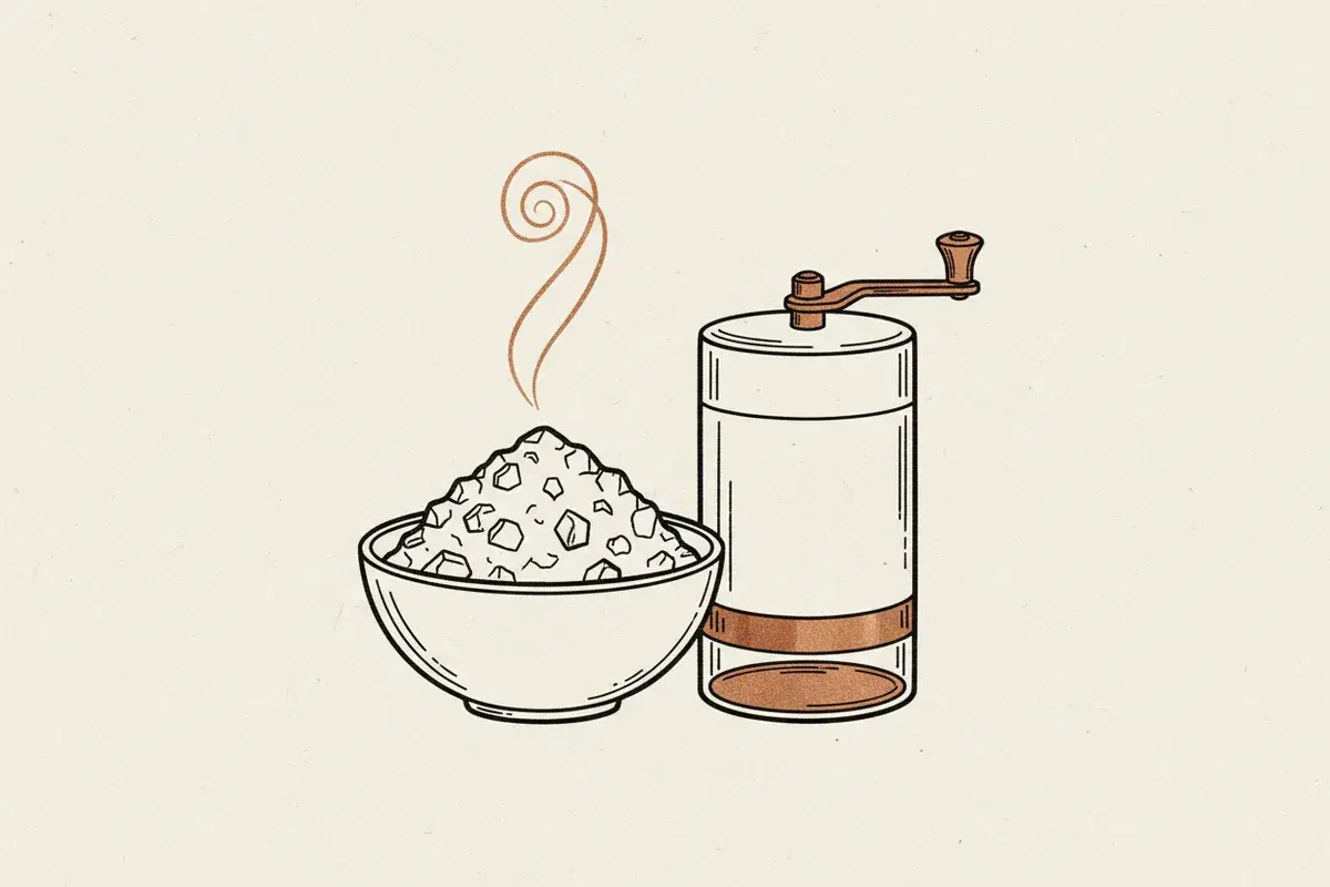 Illustration of A small white bowl filled with crystalline white powder next to a spice grinder