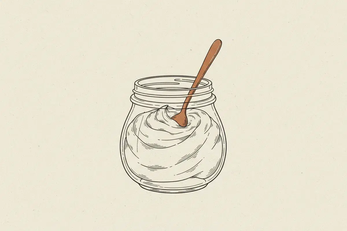 Illustration of a clear glass jar filled with a creamy white substance and a small spoon