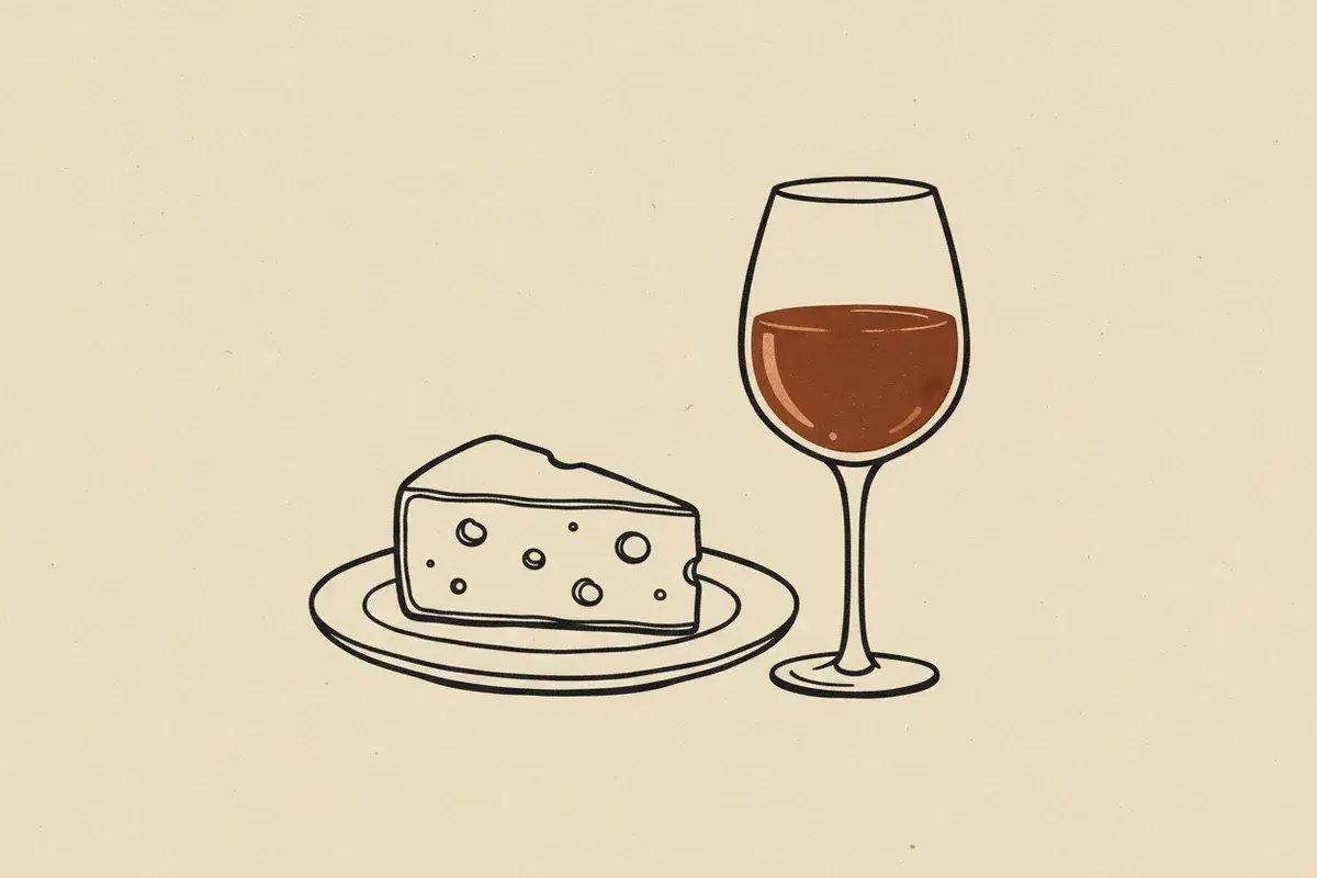 Illustration of a wedge of cheese and a glass of red wine