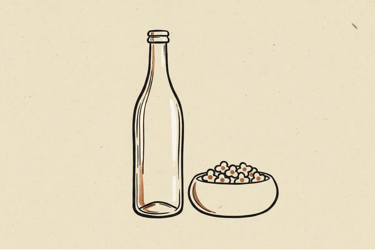 Illustration of a clear glass bottle next to a small bowl of cat food