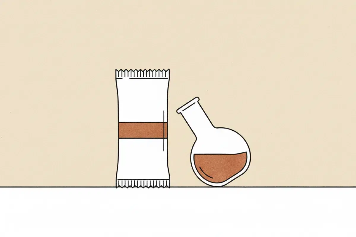 Illustration of a sugar packet and a laboratory beaker on a white surface