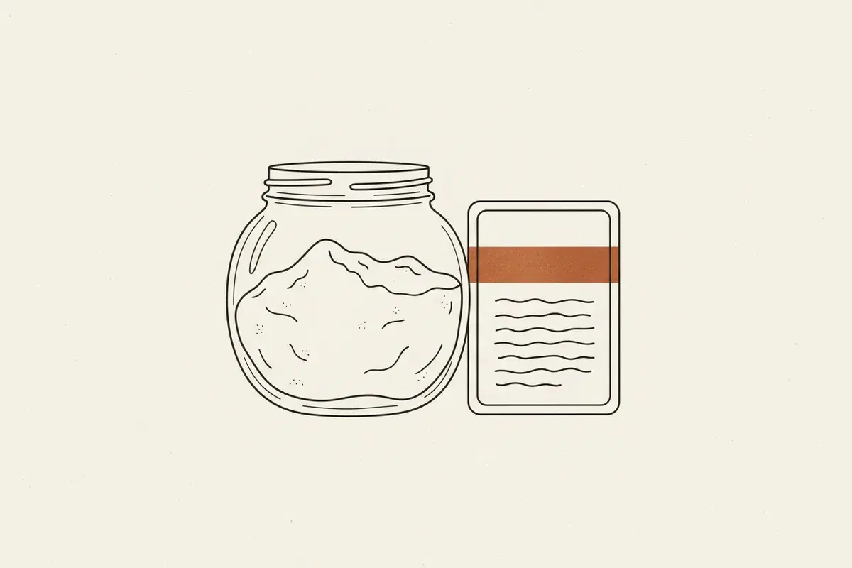 Illustration of a clear glass jar filled with white powder next to a food label