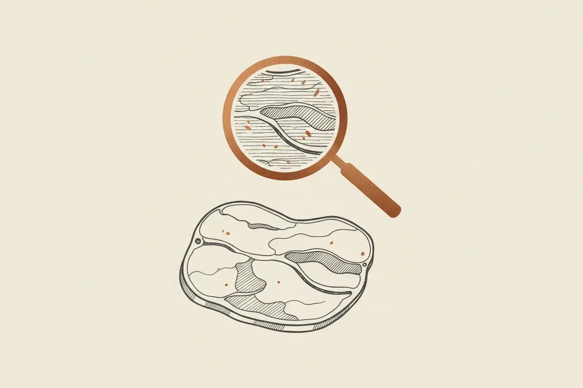 Illustration of a cured meat slice with a magnifying glass over it