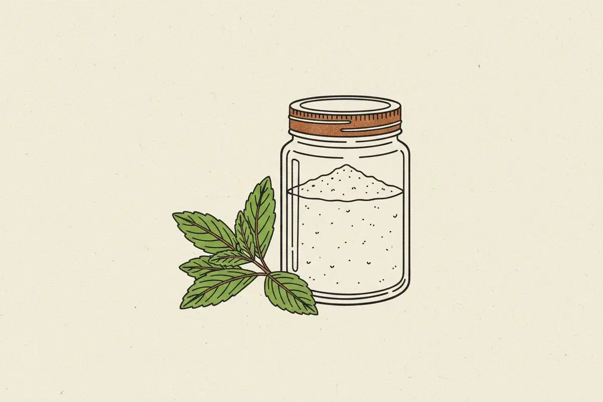 Illustration of a cluster of green stevia leaves next to a glass jar of white powder