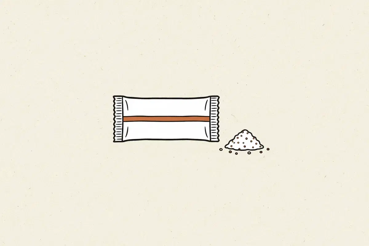 Illustration of a white sugar packet next to a small pile of white granular sweetener