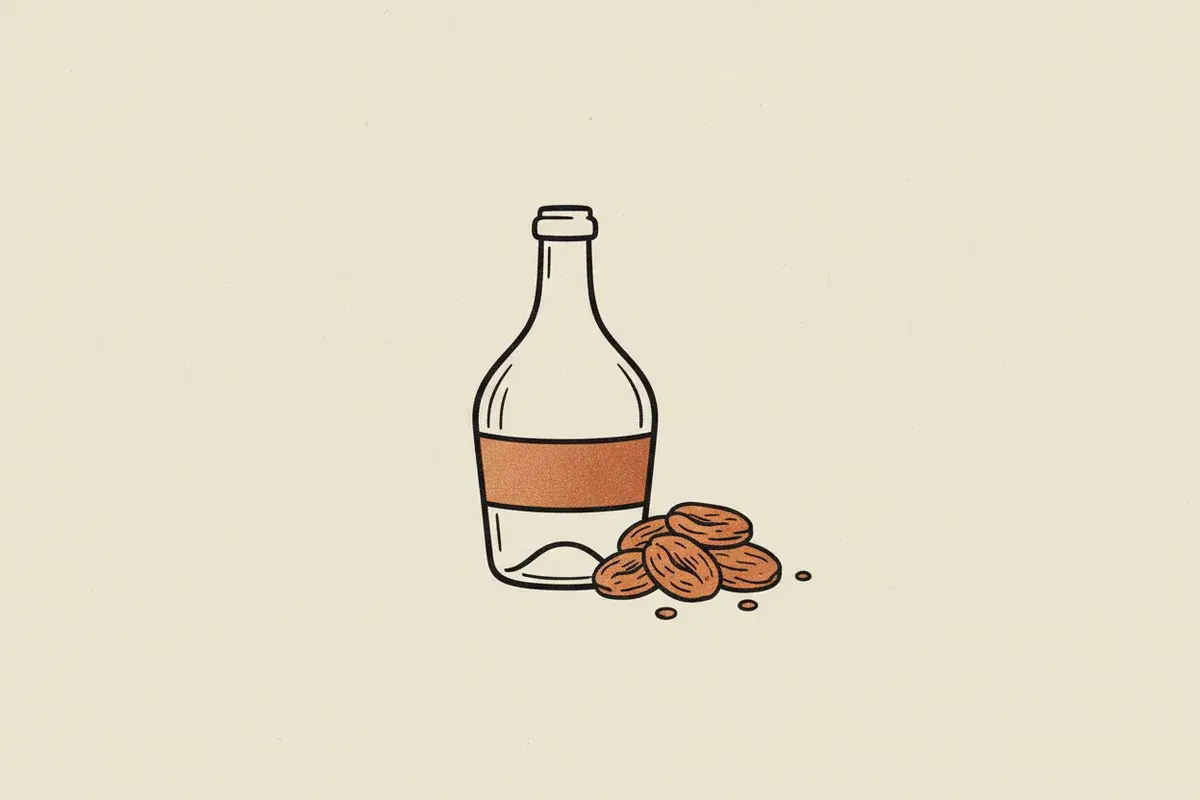 Illustration of a wine bottle next to a pile of dried apricots