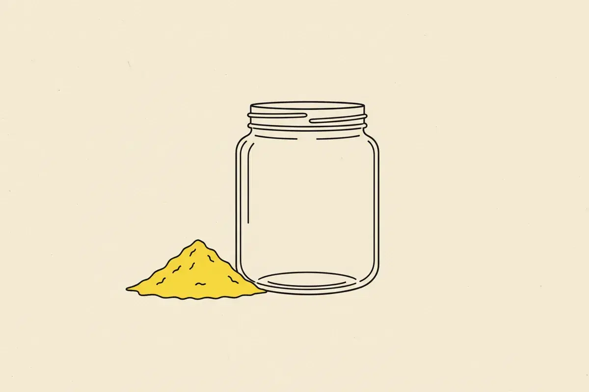 Illustration of a pile of bright yellow powder next to a clear glass jar