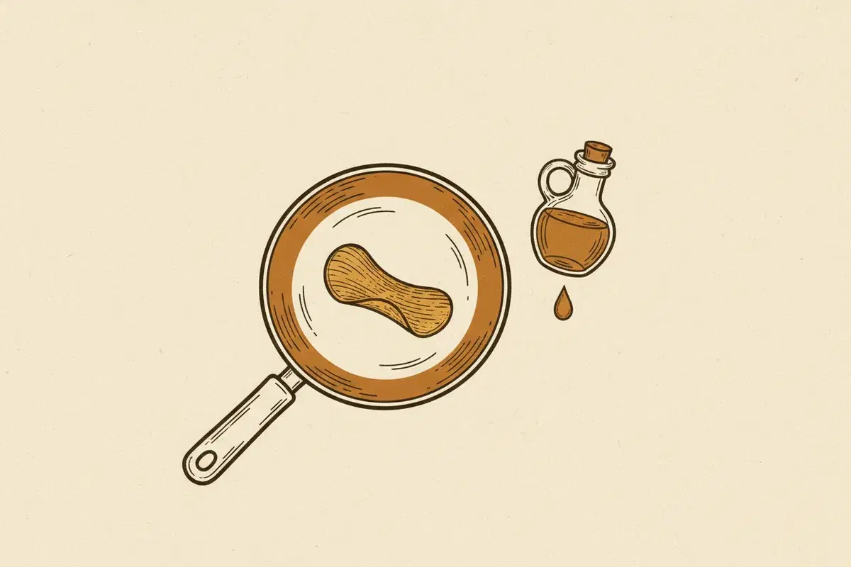 Illustration of A frying pan with a golden-brown potato chip and a small bottle of oil