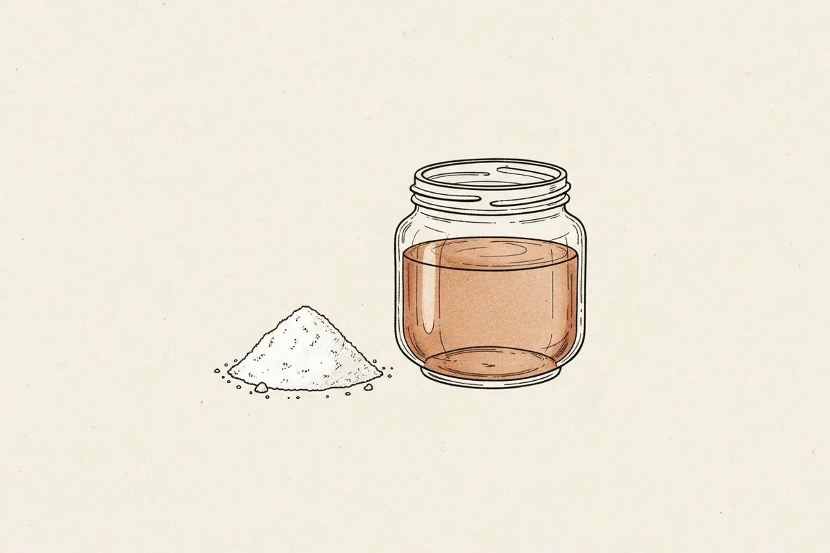 Illustration of A small pile of white powder next to a clear glass jar of liquid