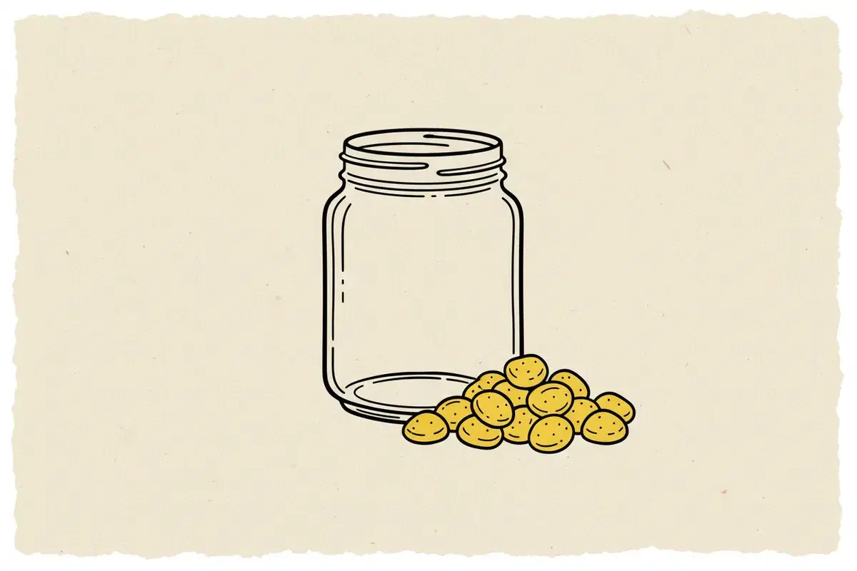 Illustration of a pile of yellow candies and a glass jar