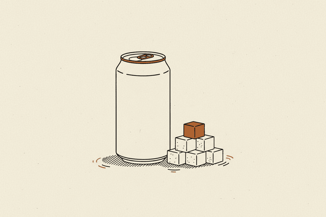 Illustration of a slim soda can beside a small pile of sugar cubes