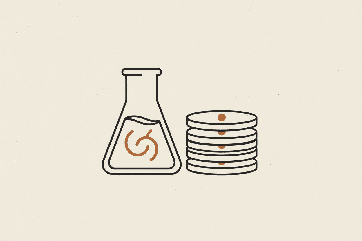 Illustration of a laboratory beaker filled with a clear liquid and a stack of petri dishes