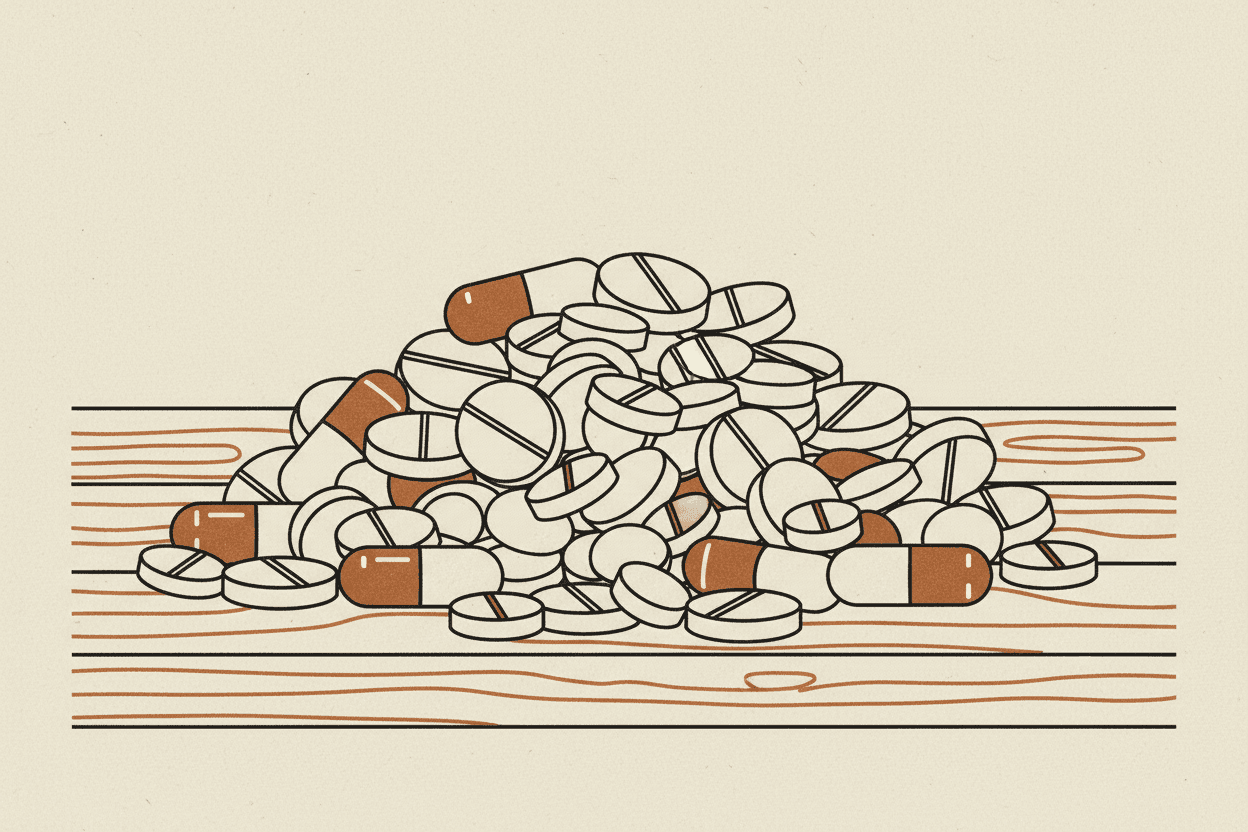 Illustration of a pile of assorted pills and capsules on a wooden surface