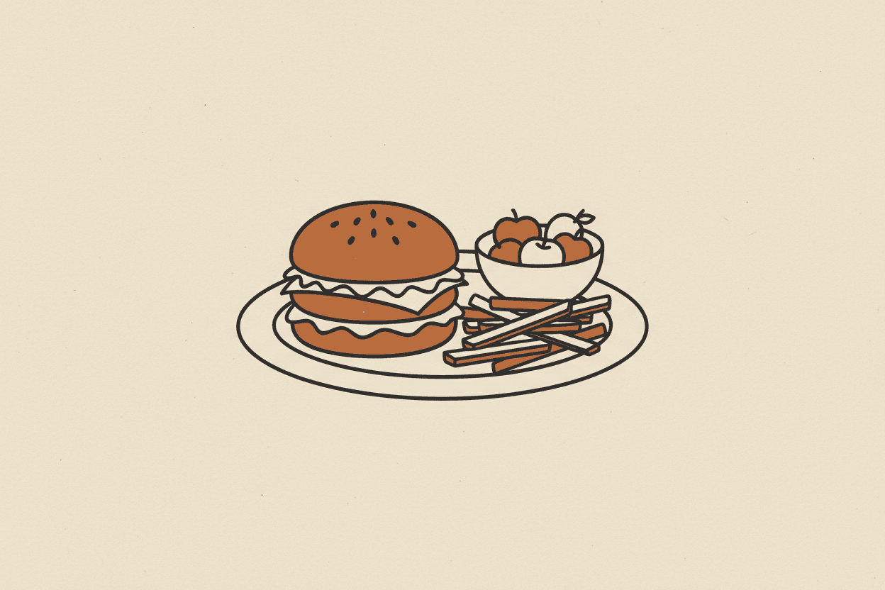 Illustration of a plate with a burger, fries, and a small bowl of fruit