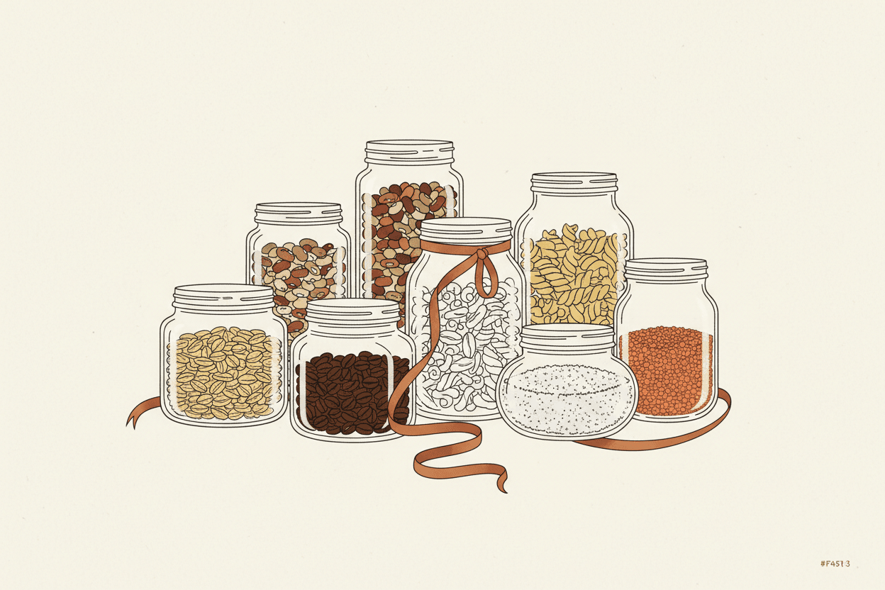 Illustration of a cluster of clear glass jars filled with various food ingredients
