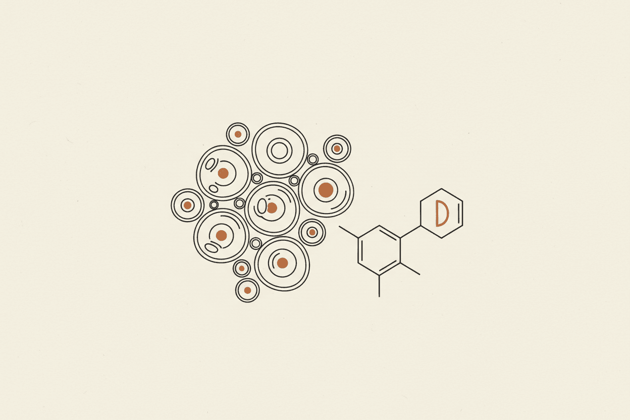 Illustration of a cluster of bakers yeast cells and a vitamin D molecule