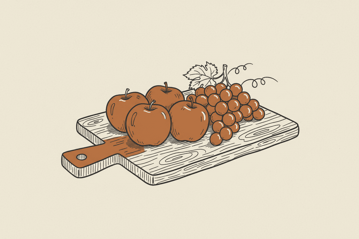 Illustration of a pile of fresh apples and a bunch of grapes on a wooden cutting board