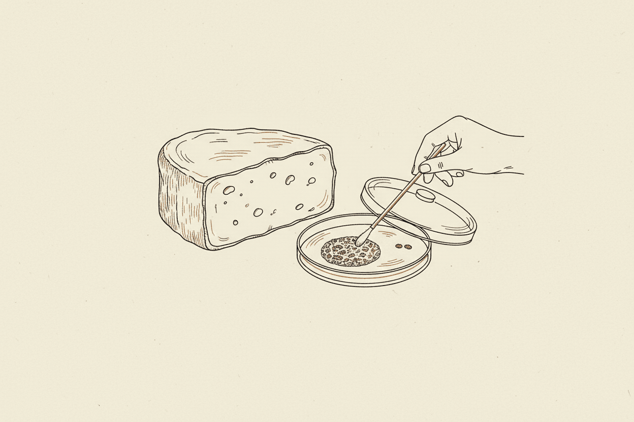 Illustration of a block of cheese and a petri dish with swabs