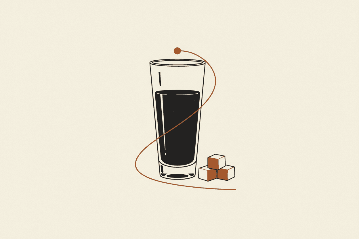 Illustration of a glass of dark liquid next to a pile of sugar cubes